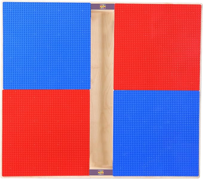 Contender Time-2-Play 35" Square Plywood Red & Blue Lego Compatible Blocks Play Table, Solid Wood Square Table with Trough and Shelf for Playroom with 20" Long Legs in Natural Color, UV Finish