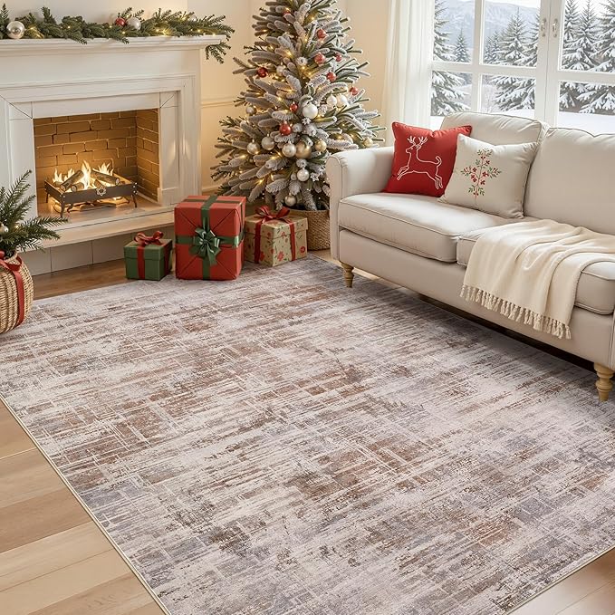 Area Rug for Living Room: 6x9 Washable Neutral Abstract Modern Soft Rugs Non Slip Indoor Floor Stain Resistant Large Carpet for Bedroom Dining Room Office Nursery - Red Brown