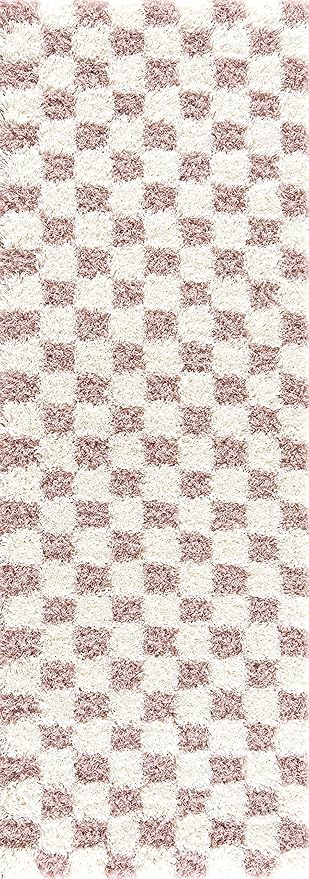 Hauteloom Atira Contemporary Checkered Fluffy Shag Area Rug - Modern Geometric Carpet Tiles for Living Room, Kids Room, Nursery - Plush Pile - Cream, Pink - 4' x 6'