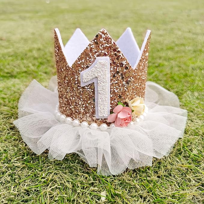 Crown for Girls' First Birthday, Rose Gold 1st Birthday Hat, Flower Tutu Crown, Cake Smash Props, Decorations for Girls