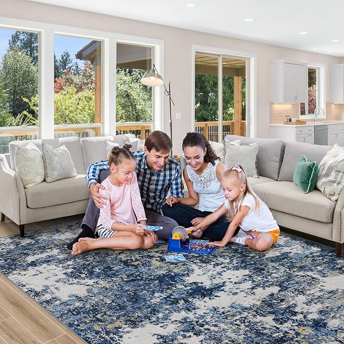 Area Rug 9x12 Living Room: Large Washable Rug with Anti-Slip Backing Non-Shedding Stain-Resistant Soft Abstract Carpet for Bedroom Dining Room Nursery Home Office (Blue/Multi)
