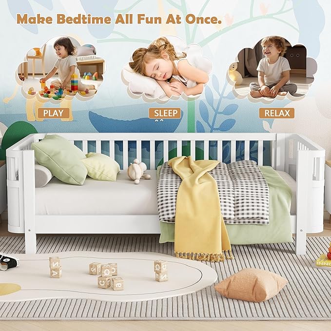 Twin Size Kids Bed Montessori Daybed with Safety Rails and Headboard, Low Profile Wood Platform Twin Bed Frame with Slats for Kids Boys Girls Bedroom, No Spring Box Required, Twin White