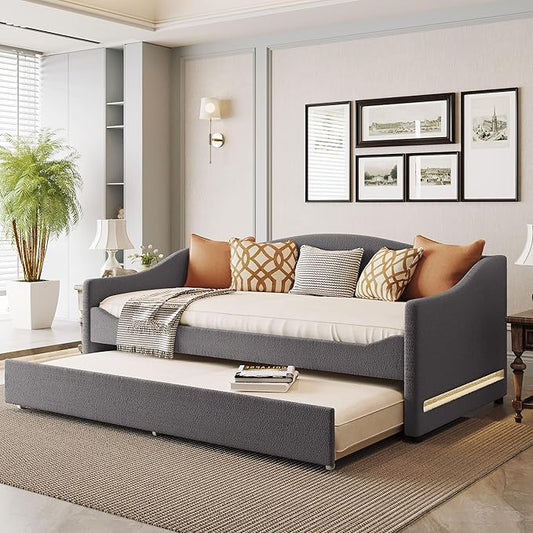 Merax Twin Size Upholstered Daybed with Light and Trundle, Gray Teddy Fleece Sofa Bed Modern Wooden Platform Bed Frame for Bedroom, Living Room, Guest Room, Apartment