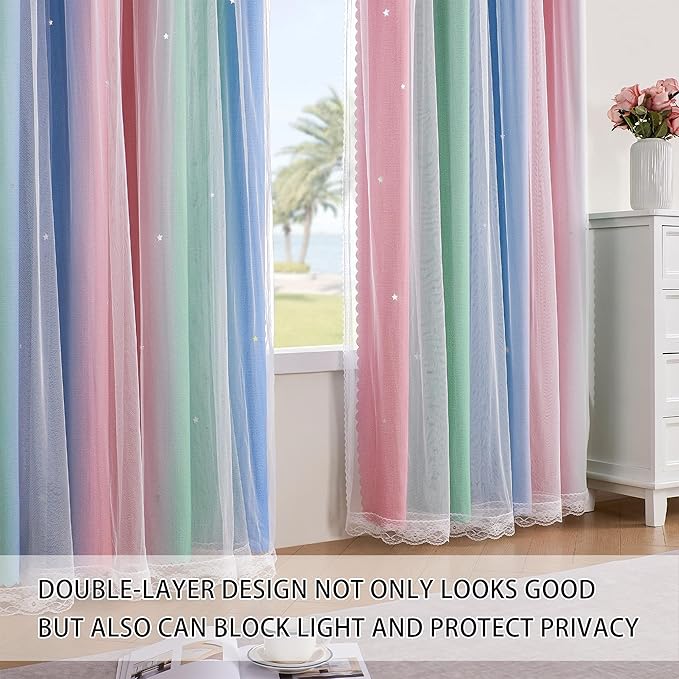 XiDi Girls Curtains for Bedroom 96 Inches Long 2 Panels Pink Green Blue Rainbow Blackout Curtains for Little Girl Kids Room Decor Living Room, Princess Unicorn Wall Decals Drapes 34x96