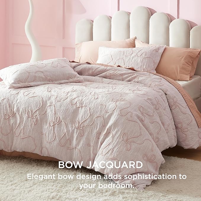 Bedsure Pink Duvet Cover King Size with Bowknot Jacquard Design, Soft and Elegant Boho Bedding Set, Luxurious Craftsmanship for a Stylish Bedroom,Includes 1 104"x90" Duvet Cover & 2 Pillow Shams