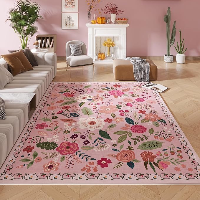 Rugcomf Area Rugs 8x10 Rug for Living Room Clearance Washable Boho Area Rug Non Slip Floral Vintage Low Pile Large Rug for Living Room, Bedroom, Farmhouse, Dining Room, Kids Playroom(Pink)