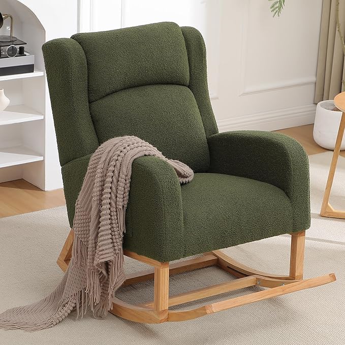 Rocking Chair Nursery, Nursing Rocking Chairs for Mom Nursery, Comfy Teddy Glider Rocking Armchair with Foot Rest for Nursery Living Room Bedroom, Green