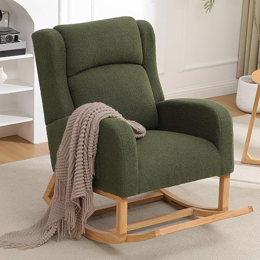 Rocking Chair Nursery, Nursing Rocking Chairs for Mom Nursery, Comfy Teddy Glider Rocking Armchair with Foot Rest for Nursery Living Room Bedroom, Green