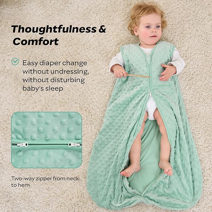 JELLYMONI Fleece Baby Sleep Sack 12-18 Months, 1.5 Tog Warm Winter Baby Wearable Blanket with Plush Dots and 2-Way Zipper, Cotton Toddler Sleep Sack