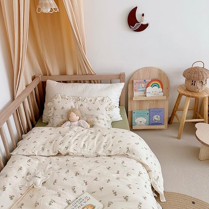 AOJIM Kids Crib Muslin Duvet Cover with Grey Rabbit, 1pc Cotton Baby Toddler Bedding 2-Layer Gauze Comforter Cover 59X79'', Ruffled Design Soft Duvet Protector for Girls Boys, No Quilt or Pillowcases