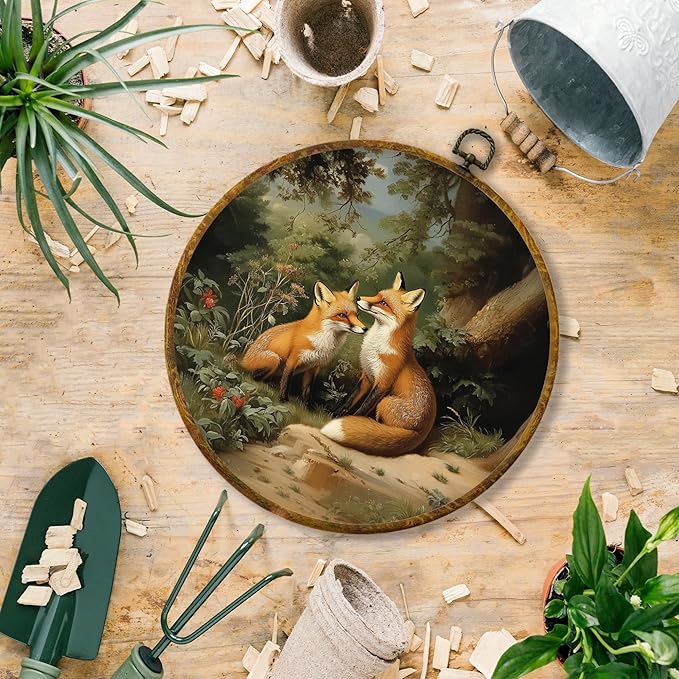 Hiuwevt Fox Round Wall Art Decor, Farmhouse Enchanting Forest Fox Framed Canvas Prints, Vintage Rustic Cottagecore Wild Animal Round Wall Hanging Decor for Bedroom Home Decorations, 10x10 Inches