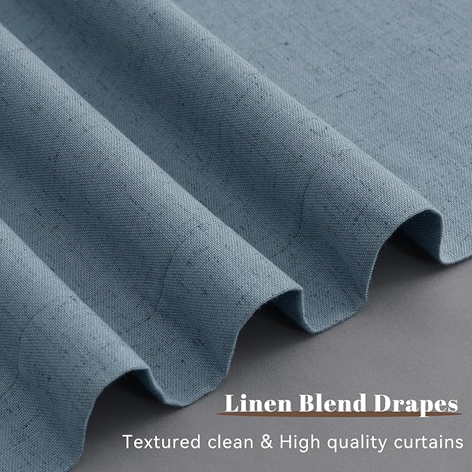 Guken Blue Linen 100% Room Darkening Curtains 120 Inches Long Farmhouse Textured Hook Belt Back Tab Black Out Privacy Patio Curtains for Sliding Door Living Room 2 Panels Set 52x120 10Ft
