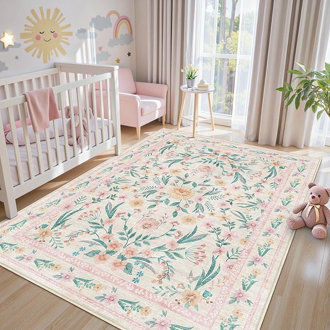 Pink Floral Area Rug 4x6, Washable Non-Slip Soft Carpet for Girls Bedroom, Nursery, or Dorm, French Boho Carpet for Kids Room, Dining Room Home Décor