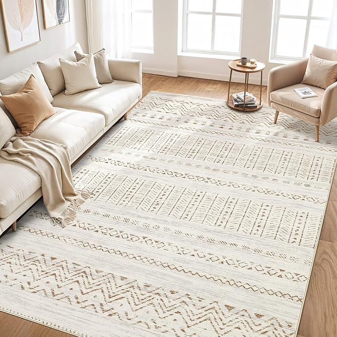 Area Rugs for Living Room Washable Living Room Rug Soft Neutral Indoor Floor Carpet Non-Slip Stain Resistant Modern Boho Rugs for Bedroom Dining Room Kids Room Nursery Office Home Brown/Cream