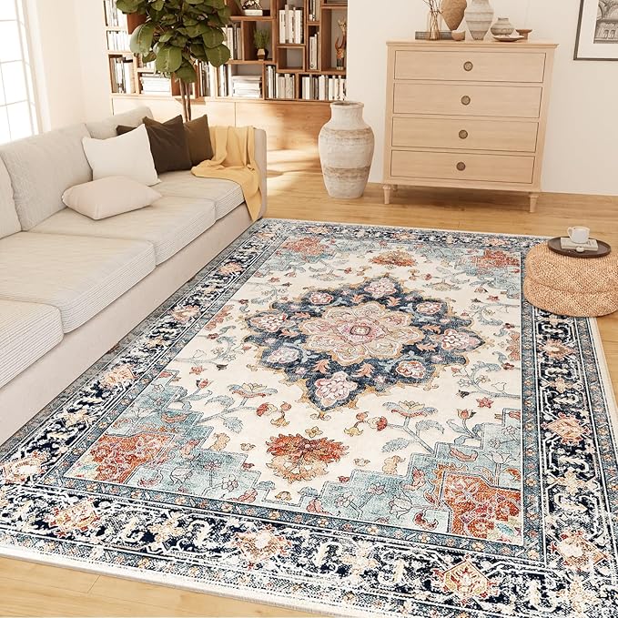 Machine Washable Rugs Nursery Rug 6x9 Cute Girl Non Slip Low Pile Water Repellent Soft Print Pattern for Bedroom Indoor Decor Kids Playroom Bluebeige