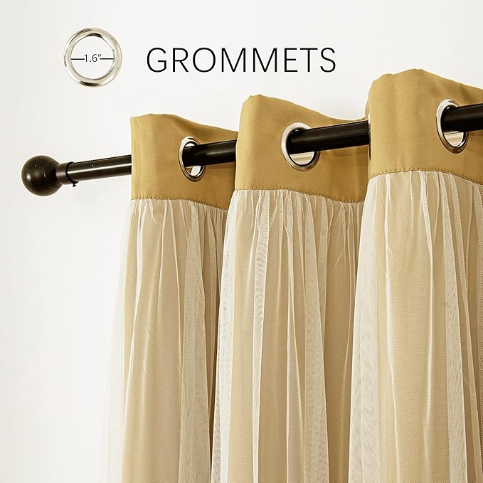 INLINAS Gold Blackout Curtains with Sheer Overlay - Grommet Top Thermal and Noise Reduction Panels for Bedroom and Living Room Light Blocking and Energy Saving, 52 x 63 Inches, Set of 2