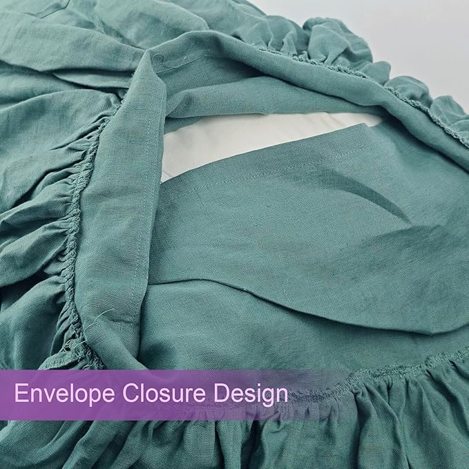 Green Ruffles Linen Pillowcase, 100% French Linen Pillow Cover, King Size 1 Piece Farmhouse Shabby Chic Pillow Case, 20''x36'' Pillowcase with Decorative Ruffle Envelope Closure