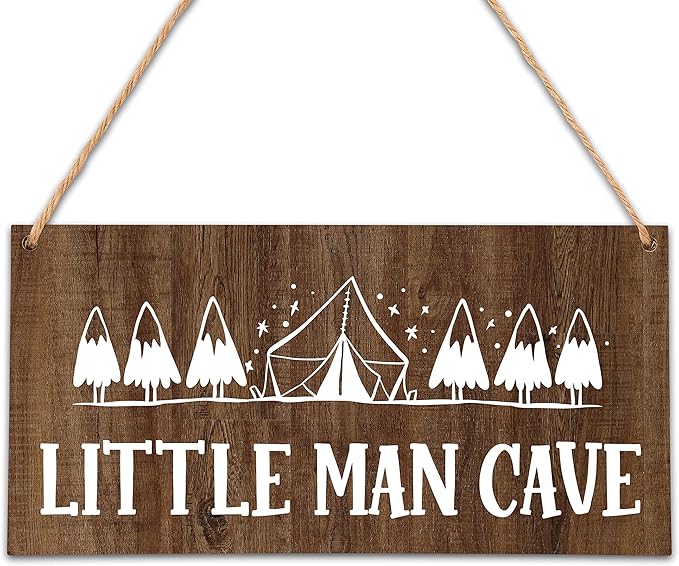 Camping Nursery Decor for Boys, 5"x10" Little Man Cave Wood Sign, Natural Baby Room Wall Decor, Woodland Playroom Decor, Gift for Baby Shower, Toddler Kids Bedroom Living Room Hanging Sign -A03