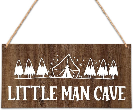 Camping Nursery Decor for Boys, 5"x10" Little Man Cave Wood Sign, Natural Baby Room Wall Decor, Woodland Playroom Decor, Gift for Baby Shower, Toddler Kids Bedroom Living Room Hanging Sign -A03
