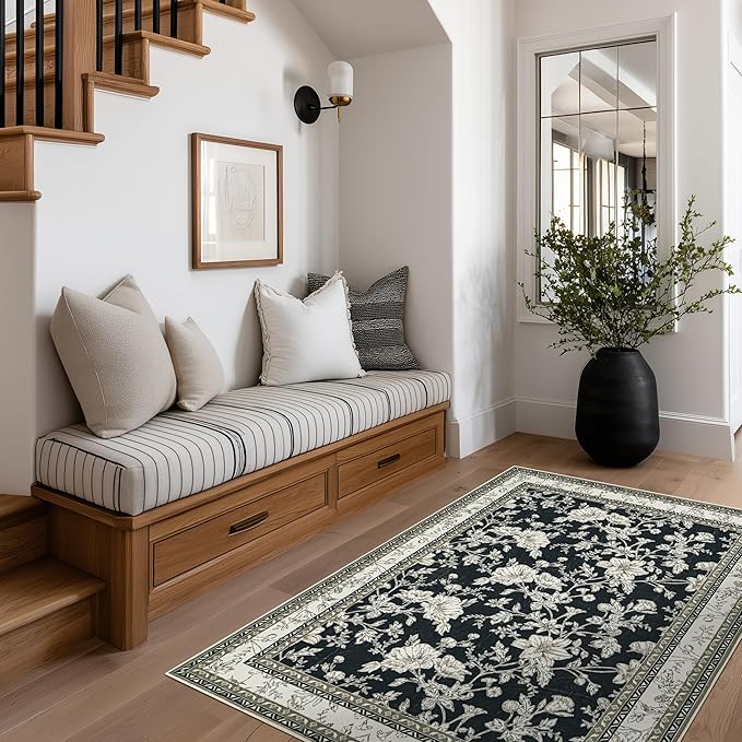 Floral Boho Rug 4x6 Washable Non Slip Area Rug Bohemian Carpet Door Mat Black Beige Taupe Floral Distressed Modern Farmhouse Sketch Style Flower for Bedroom Foldable 4x6 for Entryway Living Room