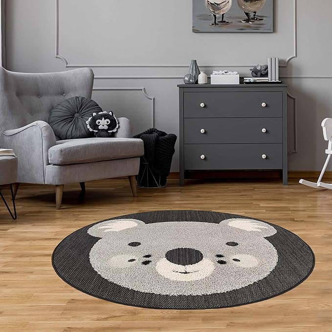Hauteloom Kids Room, Nursery Round Area Rug - Outdoor Patio Safe - Animal Koala Playroom Carpet - Gray, Black, Cream - 7'10"