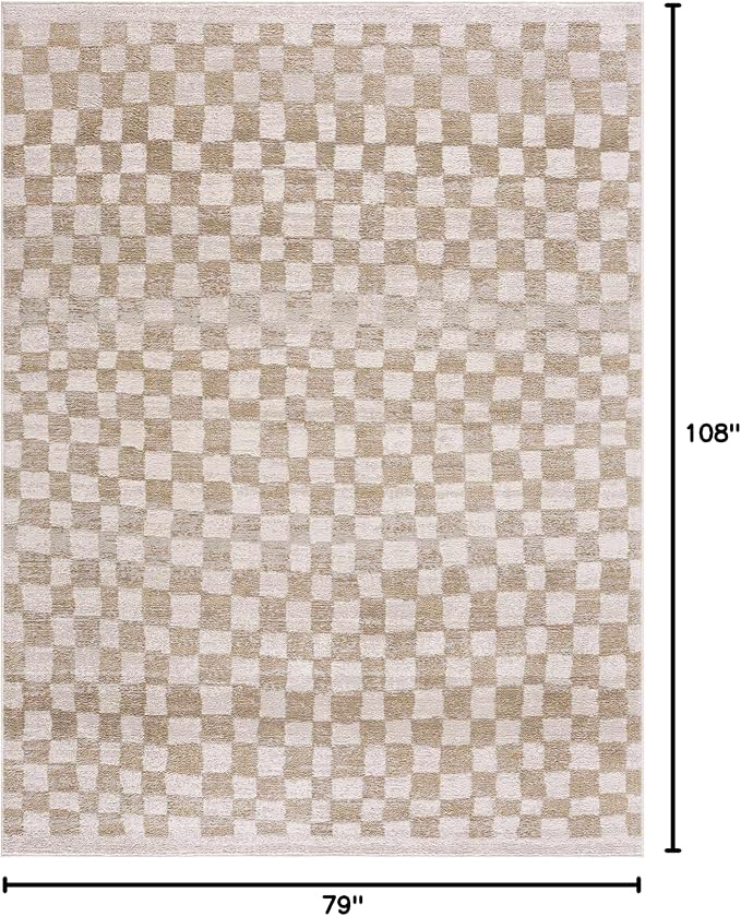 Hauteloom Pertek Modern Checkered Area Rug - Modern Geometric Carpet for Living Room, Kids Room, Nursery - Bohemian Boho Carpet - Cream, Beige, Gold - 6'7" x 9'
