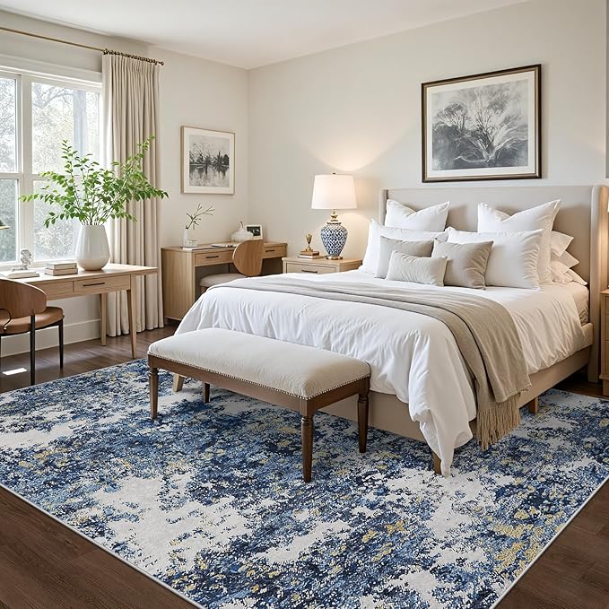 Area Rug 9x12 Living Room: Large Washable Rug with Anti-Slip Backing Non-Shedding Stain-Resistant Soft Abstract Carpet for Bedroom Dining Room Nursery Home Office (Blue/Multi)