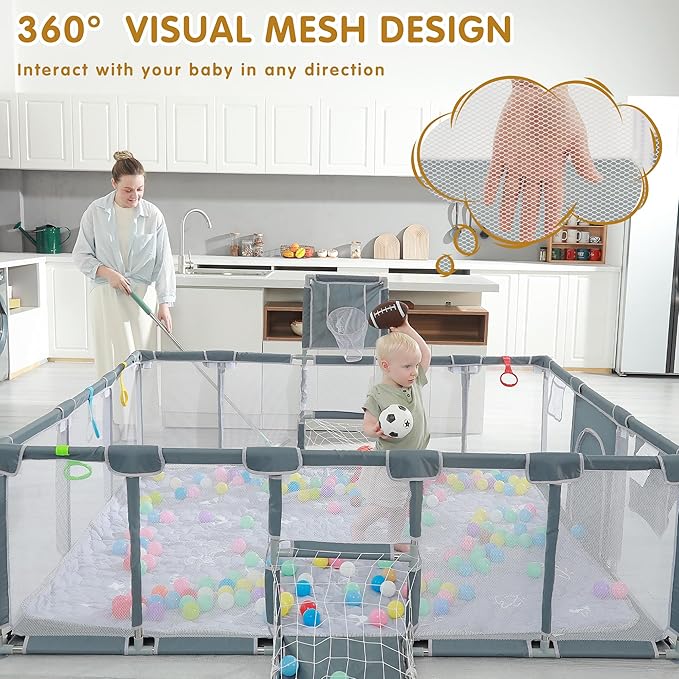Baby playpen, 79"x71"Baby Playpen with Mat Indoor＆Outdoor Playpen for Babies and Toddlers with Breathable Play Pen with Ocean Balls Hanging Pocket Basketball Hoop and Football Goal