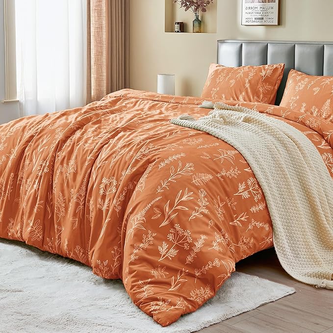 MUXHOMO Duvet Cover Full Size, Reversible Floral Caramel Duvet Cover Set with Zipper Closure, 3 Pieces Botanical Patterns Soft Microfiber Bedding Set with 4 Ties (80"x90", 2 Pillow Cases)