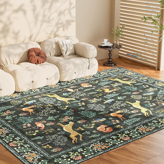 DUKINO 9x12 Rug, Washable Animal Living Room Rug with Non Slip Vintage Design, Soft Low Pile Large Carpet for Bedroom, Nursery, Dining Room, Farmhouse, Playroom, Black