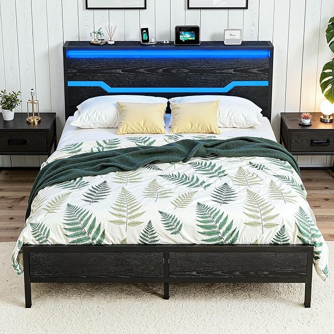 Full Size Bed Frame with LED Lights & Charging Station, Bed Frame Full with Headboard,13" Under Bed Storage, Noise-Free Heavy Duty Metal Support, Modern Black