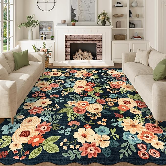 DUKINO 8x10 Area Rug, Floral Washable Rugs for Living Room with Non Slip Backing & Non-Shedding, Lightwight Low Pile Boho Design Large Carpets for Bedroom, Living Room, Dining Room, Navy Blue