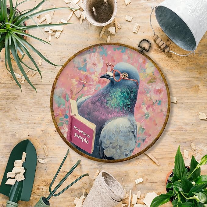 Hiuwevt Vintage Pigeon Round Wall Art Decor, Cheeky Humorous Bird Framed Canvas Prints, Funny Trendy Bird Round Wall Hanging Decor for Bathroom Restroom Washroom Toilet Decorations, 10x10 Inches