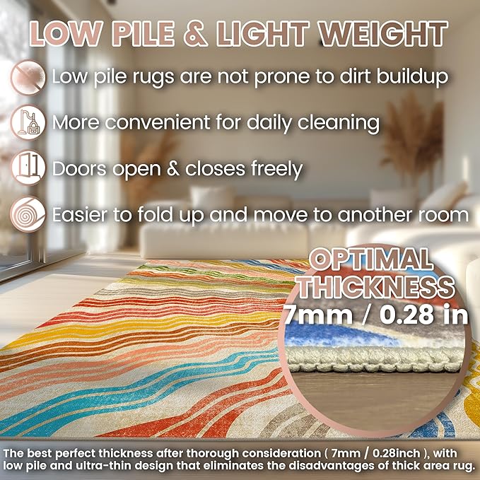 Washable 4x6 Sun Area Rug for Living Room, Rainbow Sun Modern Retro Large Area Rugs, Ultra Thin Low Pile Lightweight Soft Indoor Floor Carpet with Non-Slip Backing for Bedroom Kids Nursery Play Room