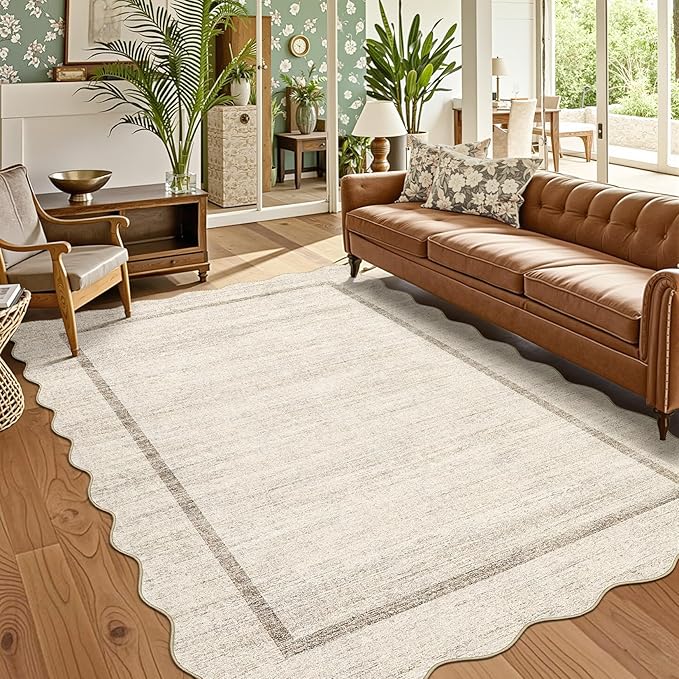 GarveeHome Scalloped Large Living Room Area Rug 6x9 - Machine Washable Modern Rugs Bordered Neutral Rug Non-Shedding Low Pile Farmhouse Carpet for Bedroom Nursery Classroom Dorm 6 ft x9 ft Beige