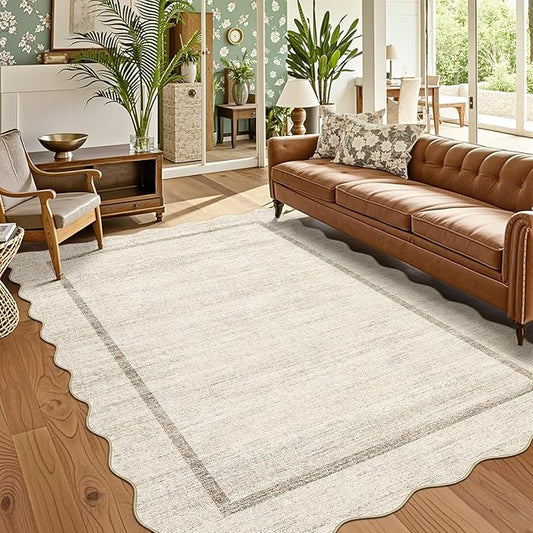 GarveeHome Scalloped Washable Rug 4x6, Beige Boho Living Room Area Rug, Bordered Non-Slip Farmhouse Bedroom Carpet Dorm Room Throw Rug, Low Pile Soft Accent Mat for Kitchen Entry Office 4'x6' Beige