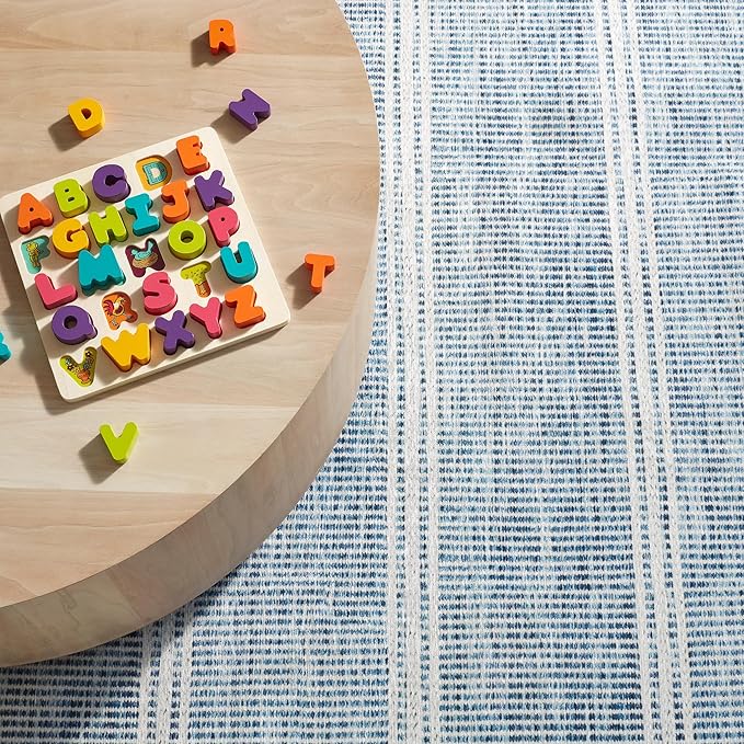 Dash & Albert Malta Blue Machine Washable Rug, 7.5 X 9.5 Feet, Blue Stripe Pattern