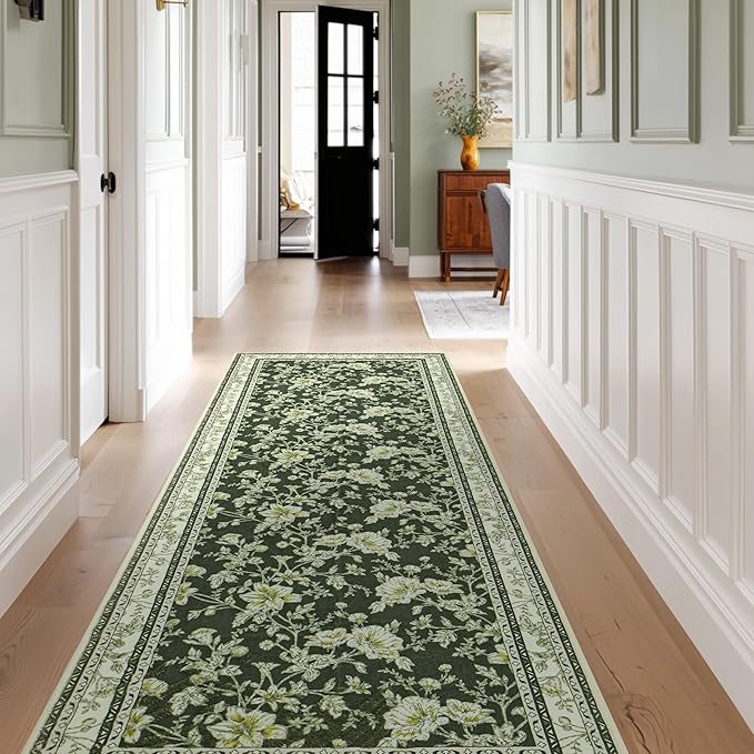 Olive Green Floral Print Area Rugs for Bedroom Living Room Boho Farmhouse Country Rustic Dining Room Carpet Soft Washable Rugs Non Slip Floor Covering for Nursery Playroom 2x6