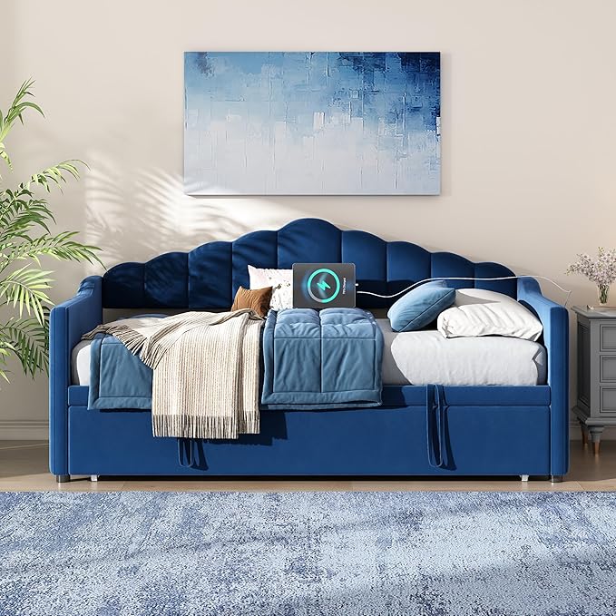 SOFTSEA Twin Daybed with Pop Up Trundle, Velvet Upholstered Daybed with USB Ports, Modern Extendable Sofa Bed Frame with Curved Backrest for Bedroom, Small Space, Blue