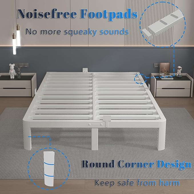 10 Inch White King Size Bed Frame, Metal King Bed Frame with Baffles, No Box Spring Needed, Heavy Duty Steel Platform Support, Rounded Corner Legs, Reserved Holes, Noise Free, Storage Space