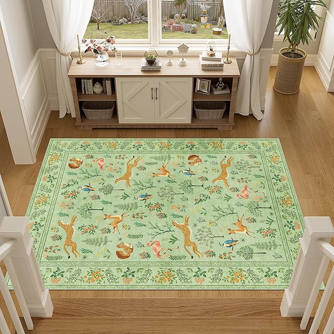 DUKINO 3x5 Rug, Washable Animal Area Rug with Non Slip Vintage Design, Indoor Soft Low Pile Carpet for Bedroom, Nursery, Dining Room, Farmhouse, Playroom, Light Green