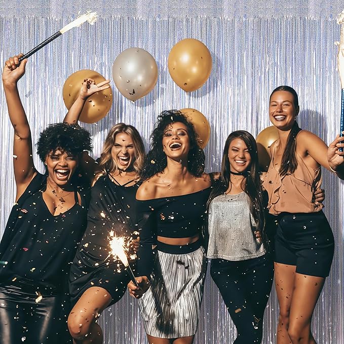 8 Pack New Year Party Decorations 2026 Fringe Backdrop, 3.28 FT x 7.05 FT Glitter Silver Fringe Tinsel, Metallic Foil Curtains Disco Photo Backdrop Foil Streamer Decor Engagement Party Supplies