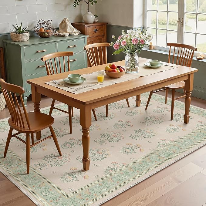 GENIMO Green Floral Area Rug for Living Room, 6x9 Washable Rug Vintage Boho Area Rug with Non-Slip Backing, Soft Carpet for Indoor Bedroom, Dining Room,Girls Kids Room and Nursery Room