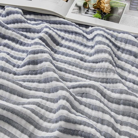 EMME Cotton Muslin Twin Blanket Breathable Gauze Soft Lightweight Adults Gifts for Women (Striped Navy, 60"x80")