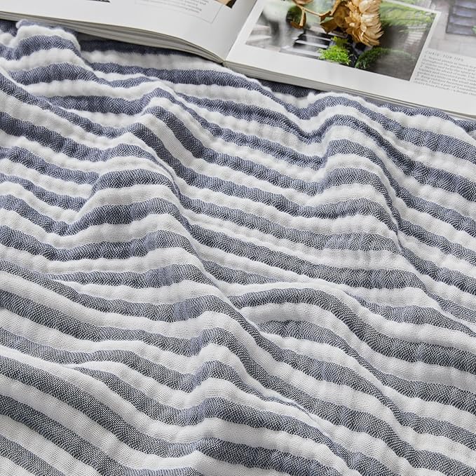 EMME Cotton Muslin Twin XL Blanket Breathable Gauze Soft Lightweight Adults Gifts for Women (Striped Navy, 66"x90")