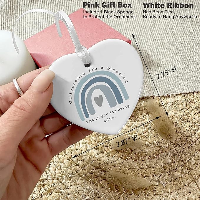Heart Shaped Christmas Ornament-New Godparents Gift-First Time Godmother Godfather Proposal Pregnancy Announcement Christening Baptism Present-Family Keepsake