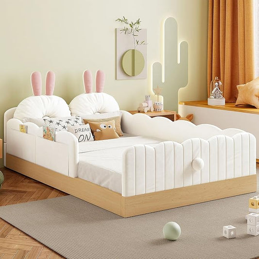 Twin Size Upholstered Platform Bed with Safety Guardrail and Cute Rabbit Ear Shaped Pillows, Velvet Fabric Montessori Kids Floor Bed with Pocket and Sturdy Slats Support (Beige-9.25)
