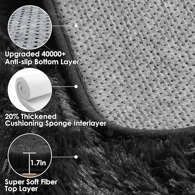 ONASAR Black Runner Rugs for Bedroom Living Room, Washable Bedside Fluffy Area Rug 2x6 Feet, Ultra Soft Plush Shaggy Furry Floor Throw Carpet for Hallway Baby Kids Dorm Closet Home Decor