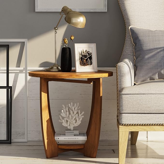 COZAYH Rustic Farmhouse End Table with Storage Shelf, French Country Accent Side for Family, Dinning or Living Room, Small Spaces, Modern, Round, Vintage Caramel Brown Finish