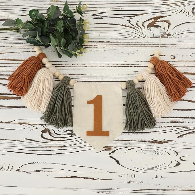 Jungle Wild One Handmade 1st Birthday High Chair Banner First Highchair Banner For Baby Boys Green Brown Wall Hangings Boho Wood Bead Tassel Garland 1 Birthday Party Decorations Photo Props